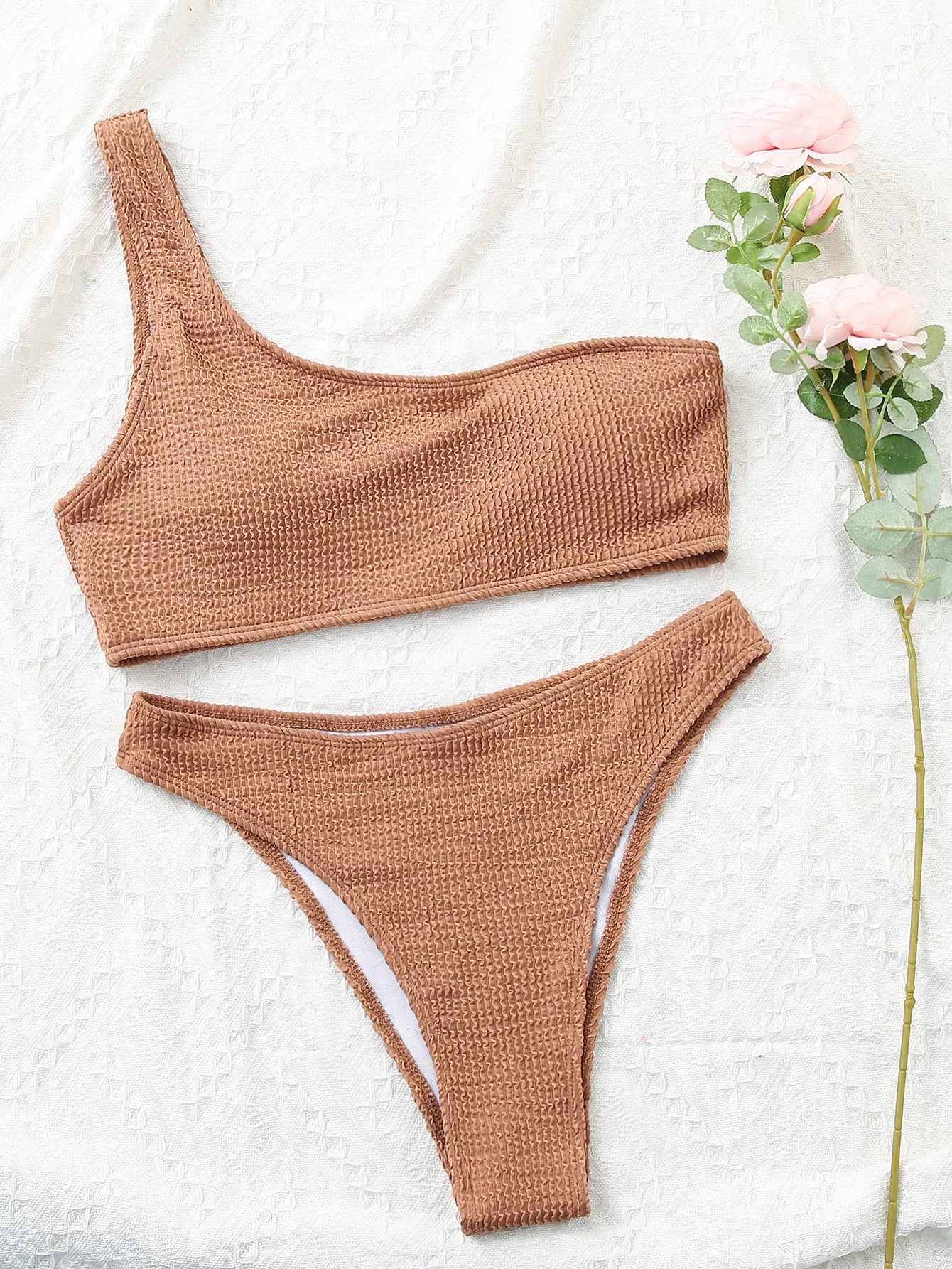 One Shoulder Bikini Textured Swimwear High Cut Swimsuit Solid Bathing Suit Women Brazilian 2025 Fashion