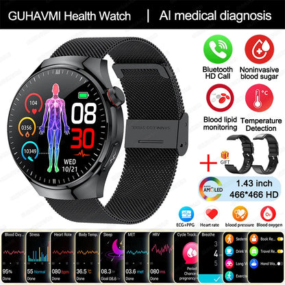 2024 New Medical Grade Smart Watch Blood Sugar Blood Lipid Uric Acid ECG+PPG Body Temperature Bluetooth Call Health Smartwatch