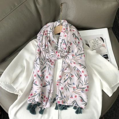Fashion Black White Branch Floral Tassel Viscose Shawl Scarf Lady High Quality Wrap Pashmina Stole Bufanda Muslim Hijab 180*90Cm