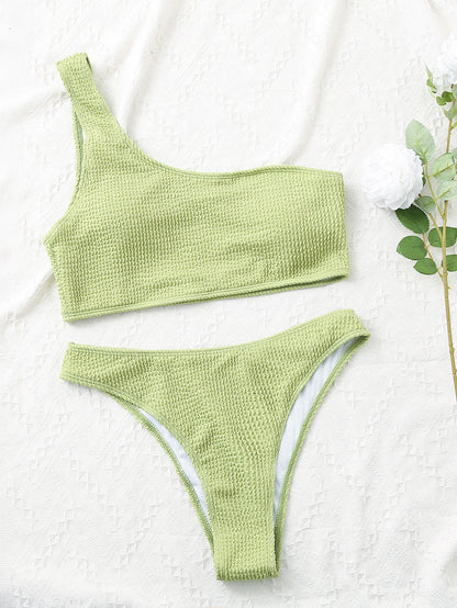 One Shoulder Bikini Textured Swimwear High Cut Swimsuit Solid Bathing Suit Women Brazilian 2025 Fashion