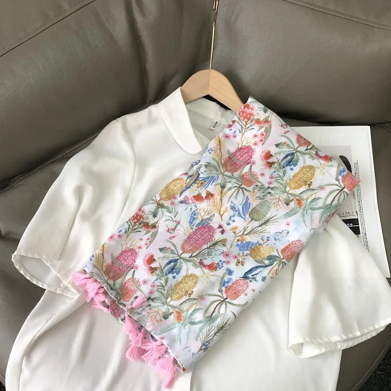 Fashion Black White Branch Floral Tassel Viscose Shawl Scarf Lady High Quality Wrap Pashmina Stole Bufanda Muslim Hijab 180*90Cm
