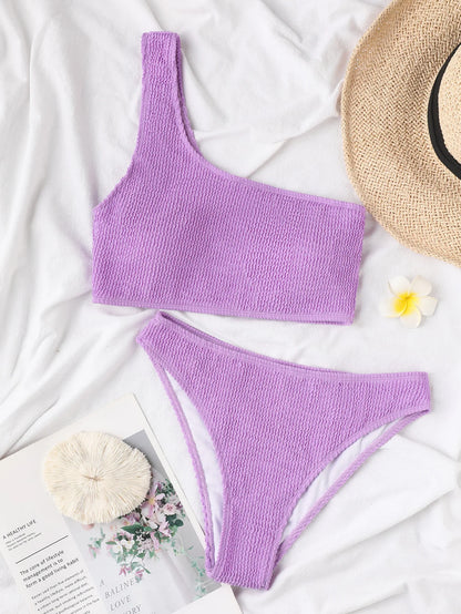One Shoulder Bikini Textured Swimwear High Cut Swimsuit Solid Bathing Suit Women Brazilian 2025 Fashion