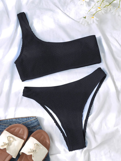 One Shoulder Bikini Textured Swimwear High Cut Swimsuit Solid Bathing Suit Women Brazilian 2025 Fashion