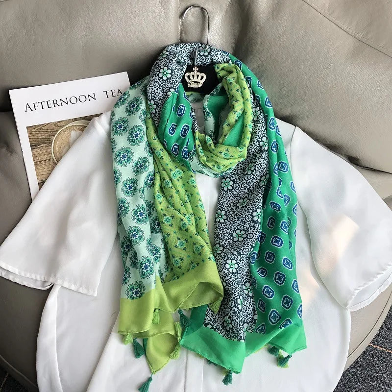 Fashion Black White Branch Floral Tassel Viscose Shawl Scarf Lady High Quality Wrap Pashmina Stole Bufanda Muslim Hijab 180*90Cm