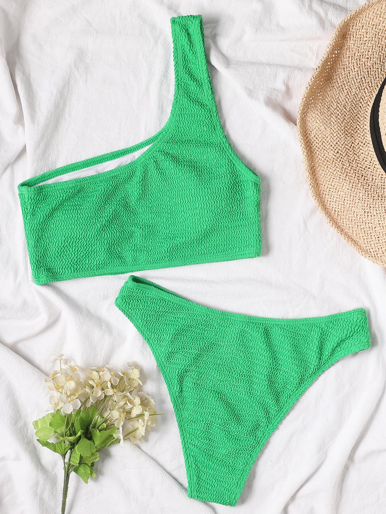 One Shoulder Bikini Textured Swimwear High Cut Swimsuit Solid Bathing Suit Women Brazilian 2025 Fashion