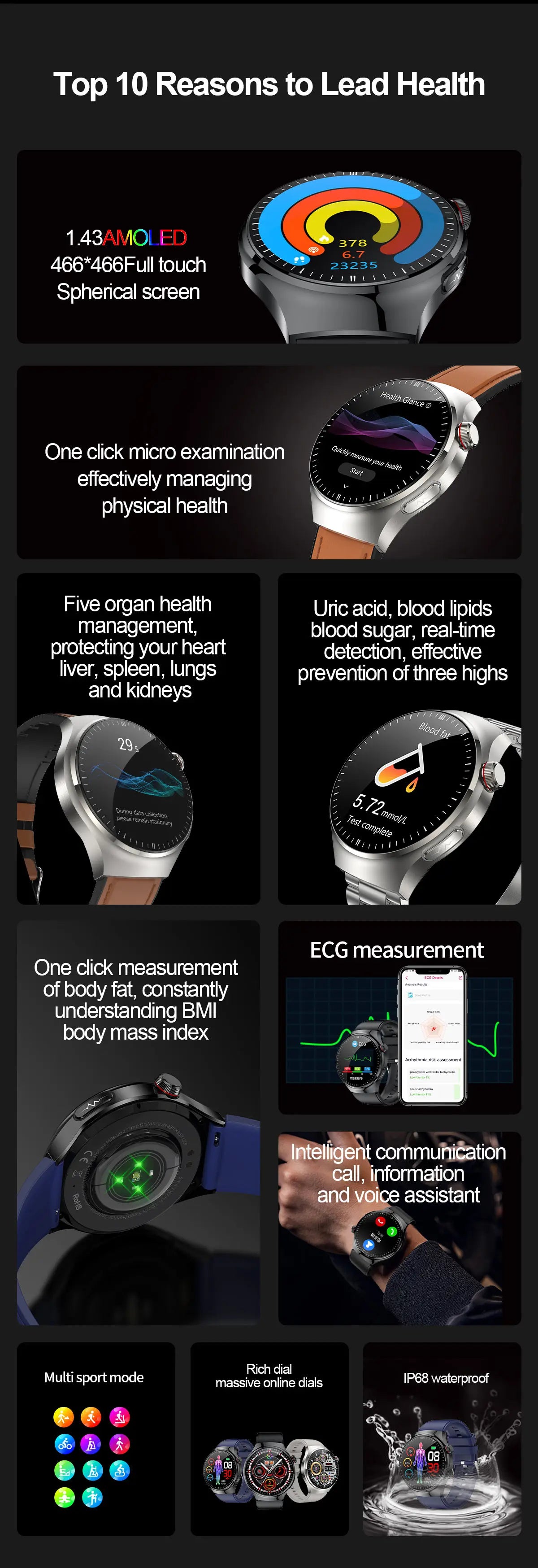 2024 New Medical Grade Smart Watch Blood Sugar Blood Lipid Uric Acid ECG+PPG Body Temperature Bluetooth Call Health Smartwatch