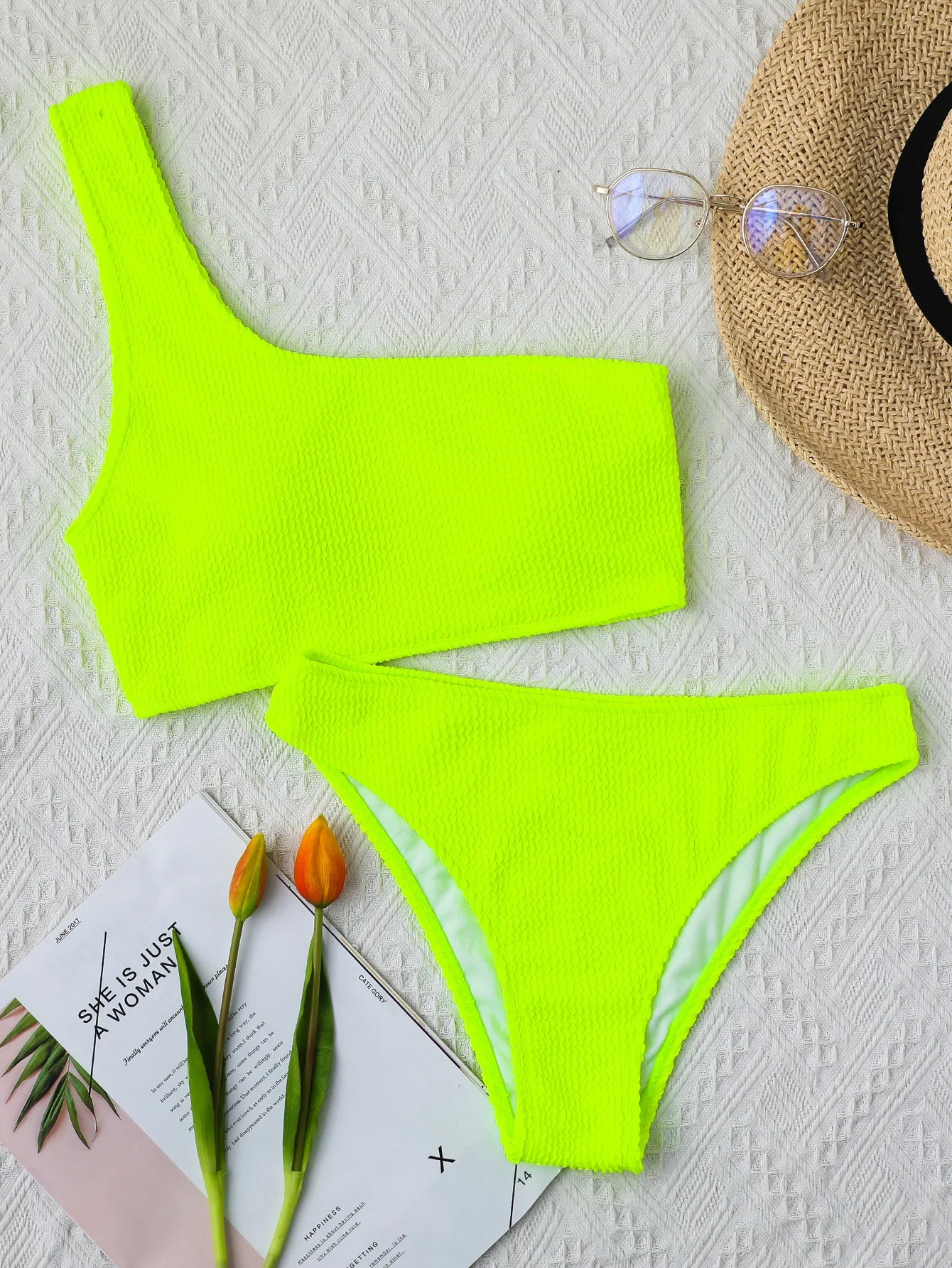 One Shoulder Bikini Textured Swimwear High Cut Swimsuit Solid Bathing Suit Women Brazilian 2025 Fashion