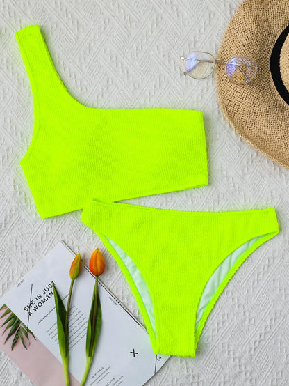 One Shoulder Bikini Textured Swimwear High Cut Swimsuit Solid Bathing Suit Women Brazilian 2025 Fashion