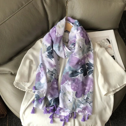 Fashion Black White Branch Floral Tassel Viscose Shawl Scarf Lady High Quality Wrap Pashmina Stole Bufanda Muslim Hijab 180*90Cm