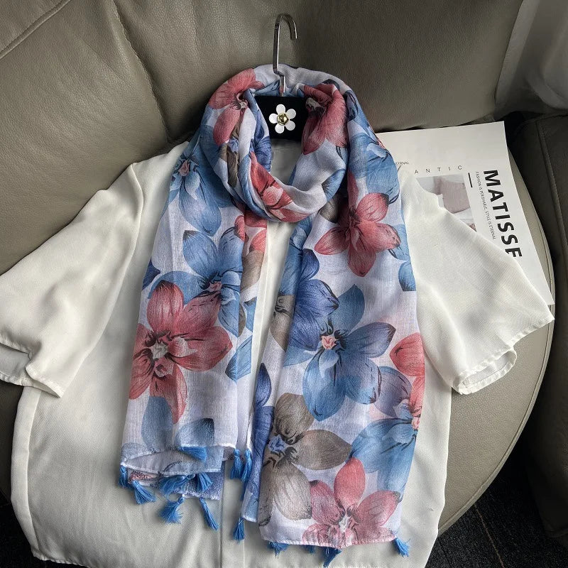 Fashion Black White Branch Floral Tassel Viscose Shawl Scarf Lady High Quality Wrap Pashmina Stole Bufanda Muslim Hijab 180*90Cm