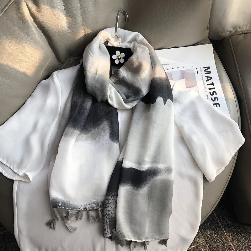 Fashion Black White Branch Floral Tassel Viscose Shawl Scarf Lady High Quality Wrap Pashmina Stole Bufanda Muslim Hijab 180*90Cm