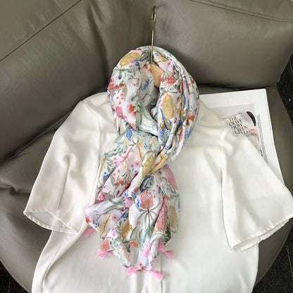 Fashion Black White Branch Floral Tassel Viscose Shawl Scarf Lady High Quality Wrap Pashmina Stole Bufanda Muslim Hijab 180*90Cm