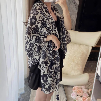 Fashion Black White Branch Floral Tassel Viscose Shawl Scarf Lady High Quality Wrap Pashmina Stole Bufanda Muslim Hijab 180*90Cm