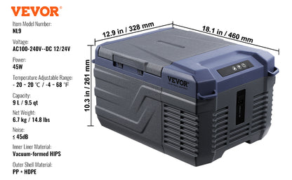 VEVOR 9L Car Refrigerator, 12V Car Fridge,Single Zone Portable Freezer,-4℉-68℉ Range,12/24V DC and 100-240V AC Compressor Cooler