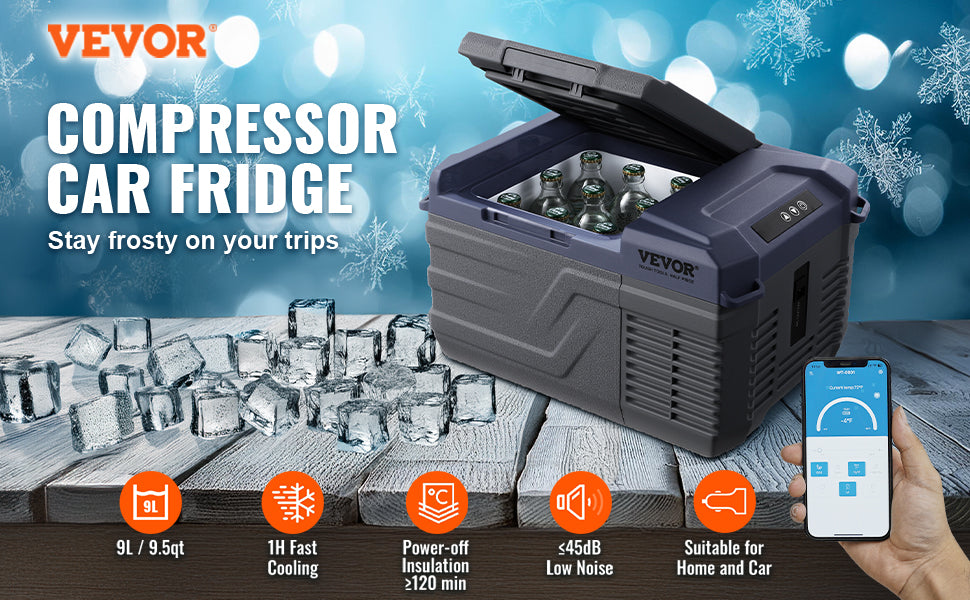 VEVOR 9L Car Refrigerator, 12V Car Fridge,Single Zone Portable Freezer,-4℉-68℉ Range,12/24V DC and 100-240V AC Compressor Cooler